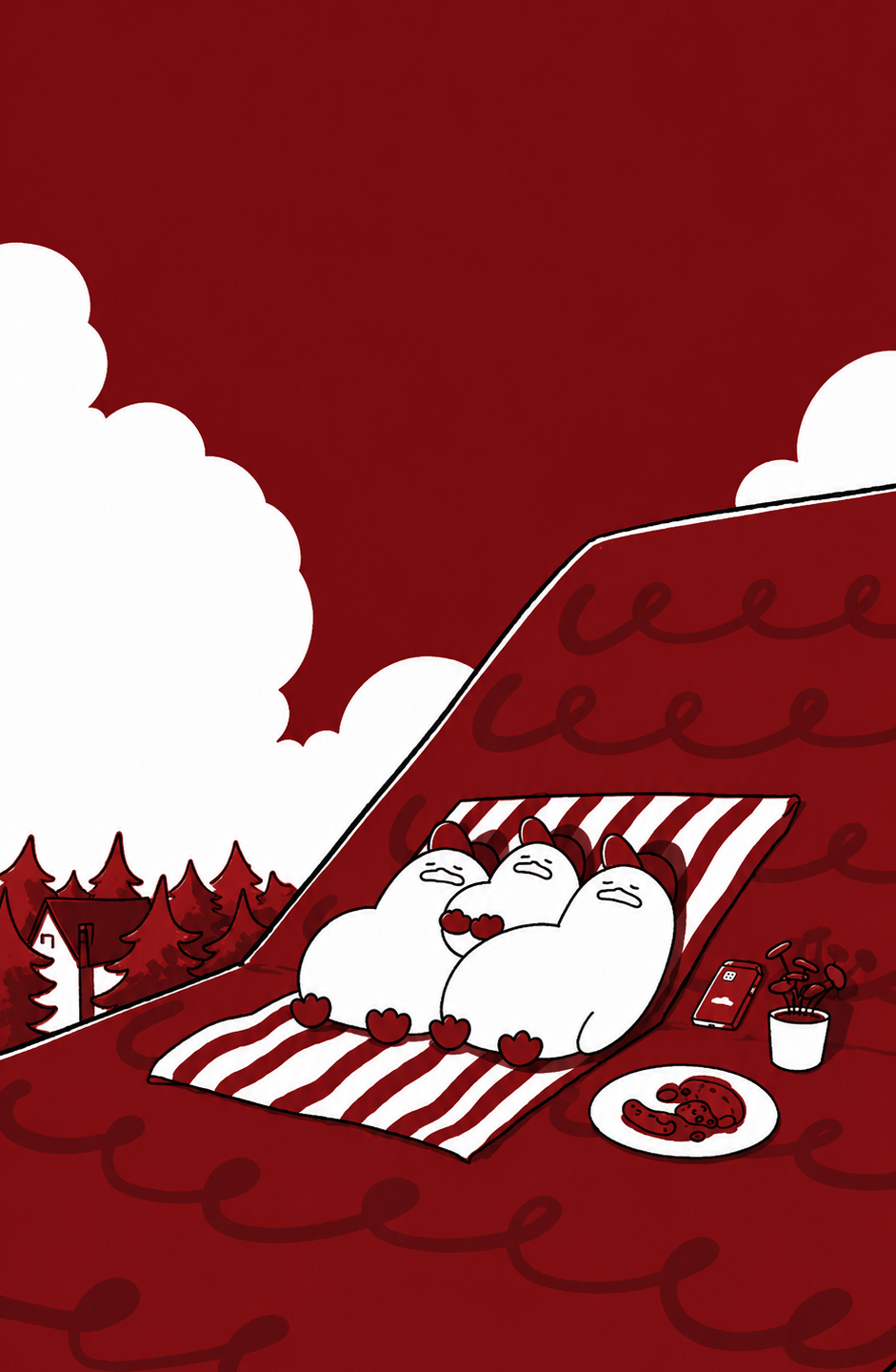 Three round white characters lying together on a red-and-white striped blanket on a hillside, with a plate of cookies, a phone and a potted plant beside them.